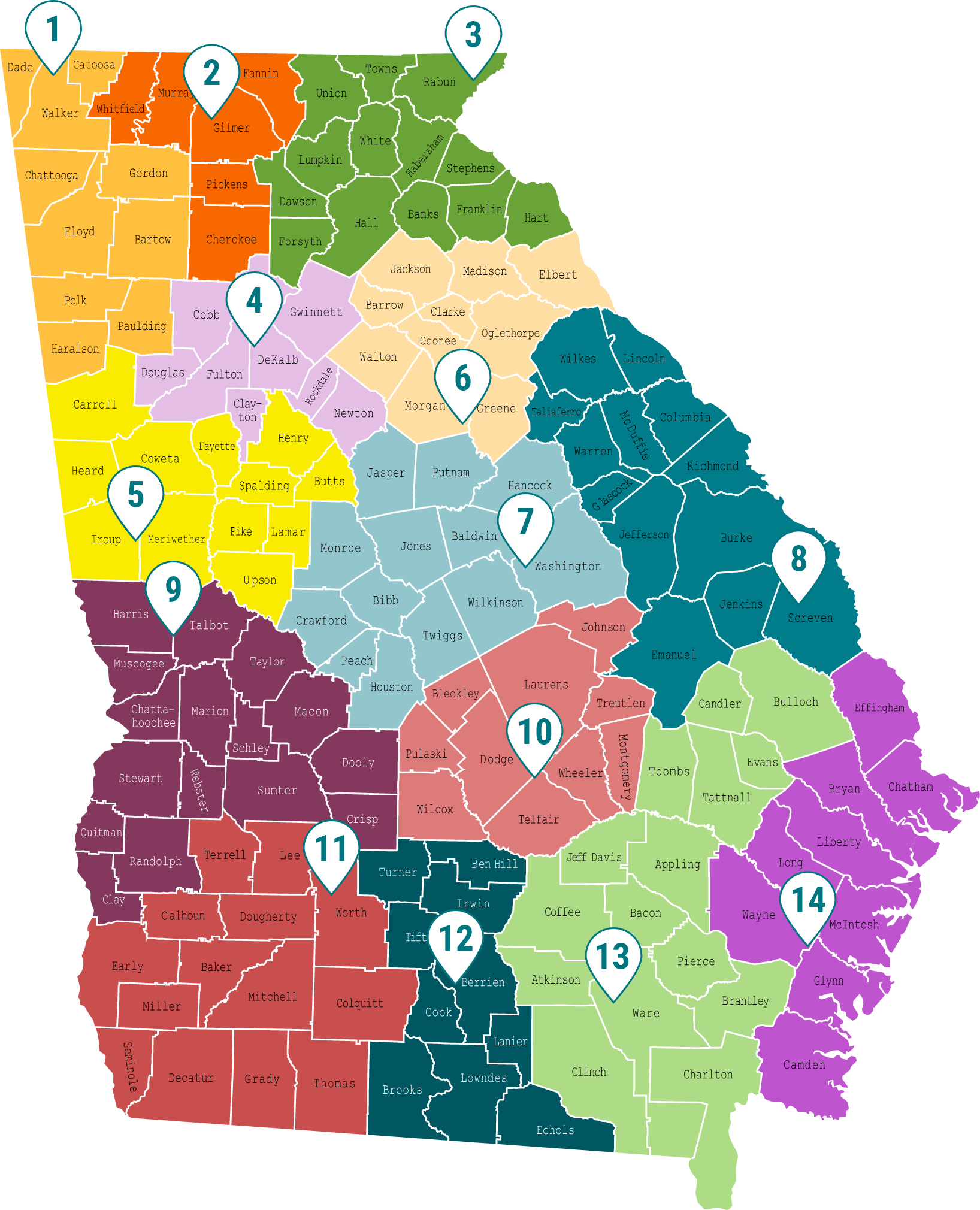 georgia region and county map